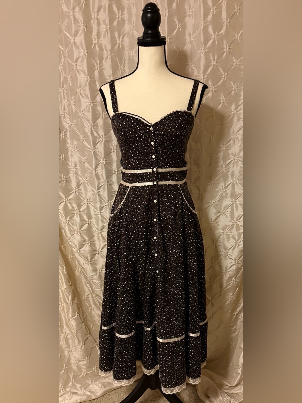 Gunne Sax Vintage 70s Black Calico Floral Prairie Sundress Midi Dress Lace 9